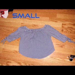Off shoulder stripped blue white tie sleeve top
